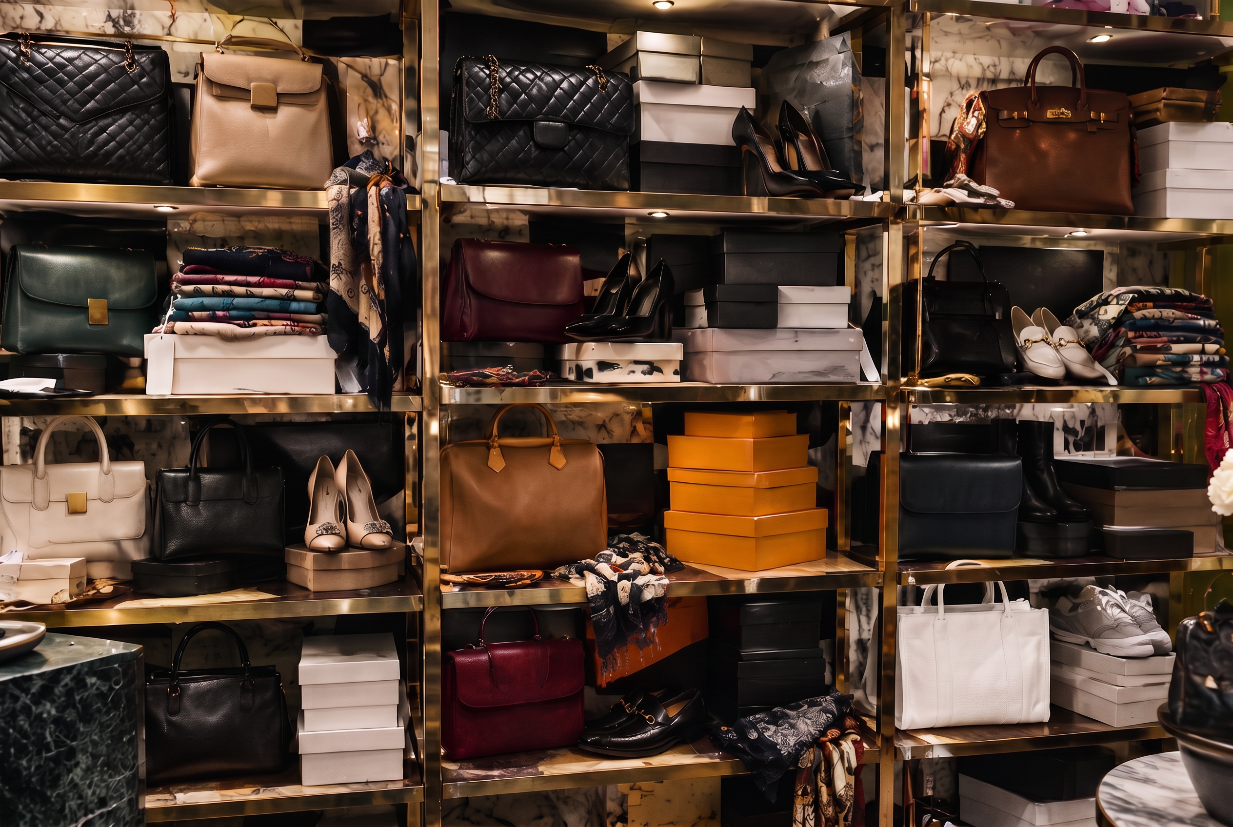Brass and marble retail shelving crammed floor to ceiling with bags, shoes and boxes