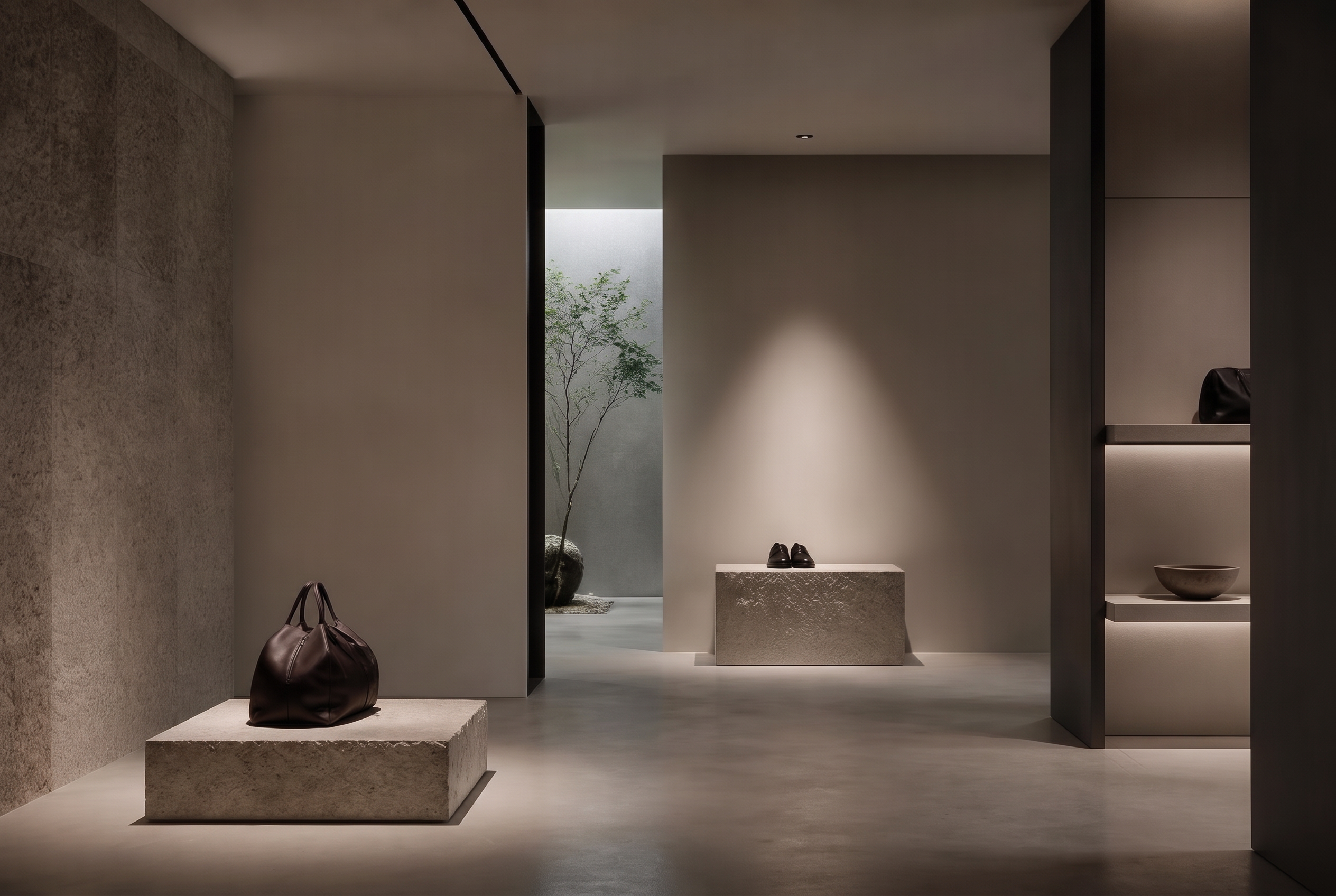 Minimal luxury concept store with generous negative space and focused lighting